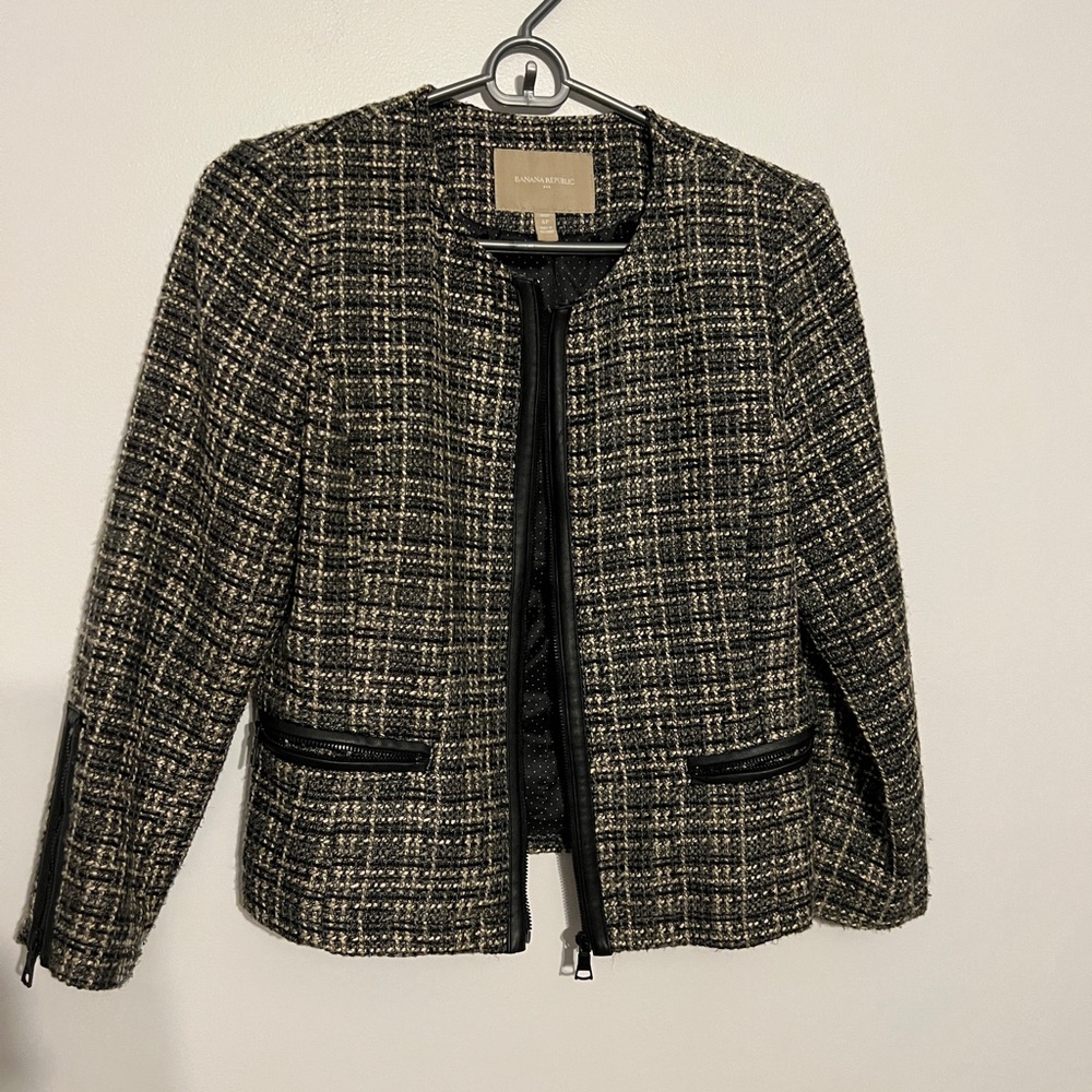 Banana Republic Black Plaid Tweed Lined Blazer Leather Trim Jacket Size 6P